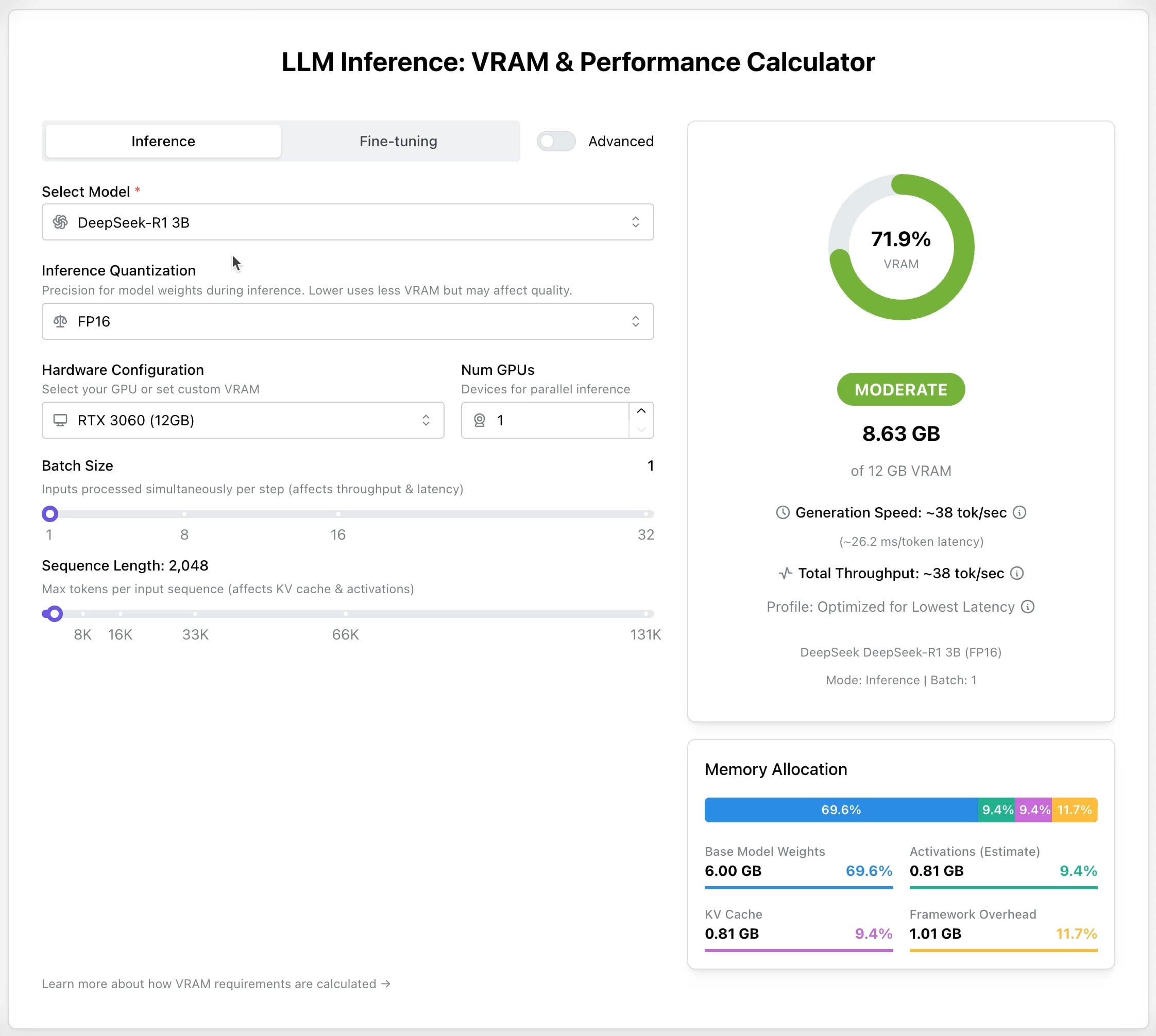LLM GPU 계산기: 추론 및 미세조정 메모리 요구량 추정