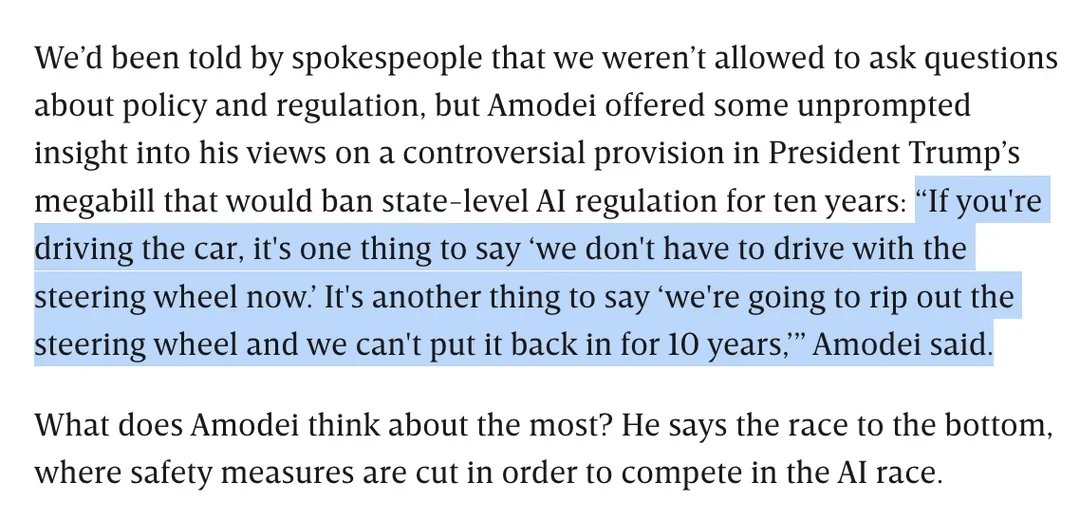 Dario Amodei speaks out against Trump's bill banning states from regulating AI for 10 years: "We're going to rip out the steering wheel and can't put it back for 10 years."