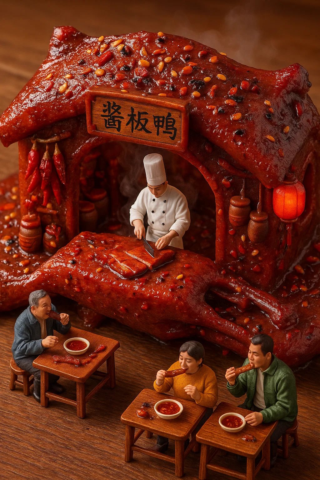 利用 Sora 生成微缩酱板鸭景观