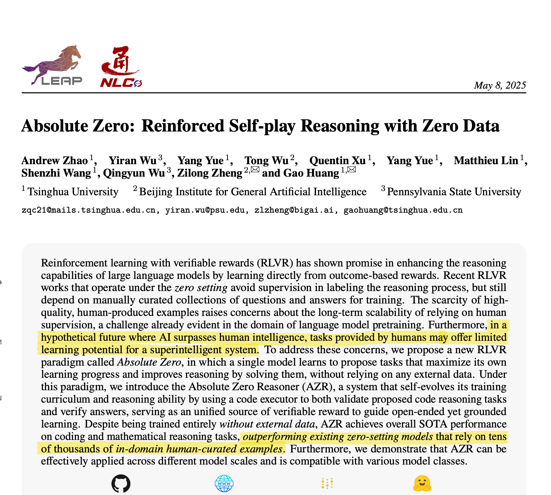 清華大学がAbsolute Zero Reasonerを提案:AIが自己生成した訓練データで卓越した推論を実現