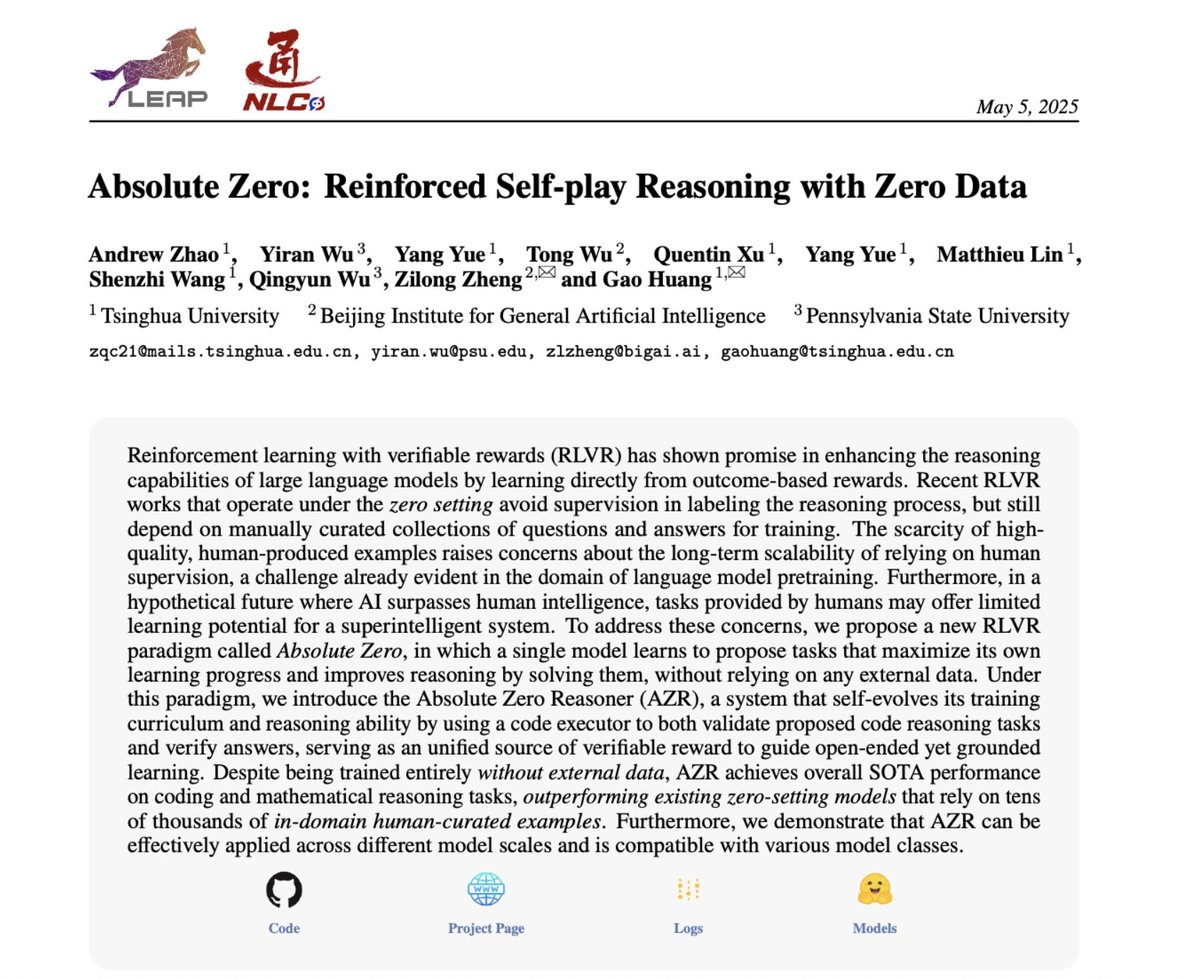 Absolute Zero Reasoner:通过自博弈实现零数据推理能力提升