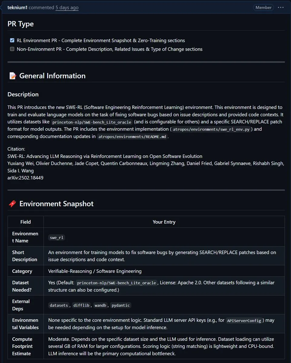 NousResearch, Meta의 SWE-RL 환경을 Atropos에 통합