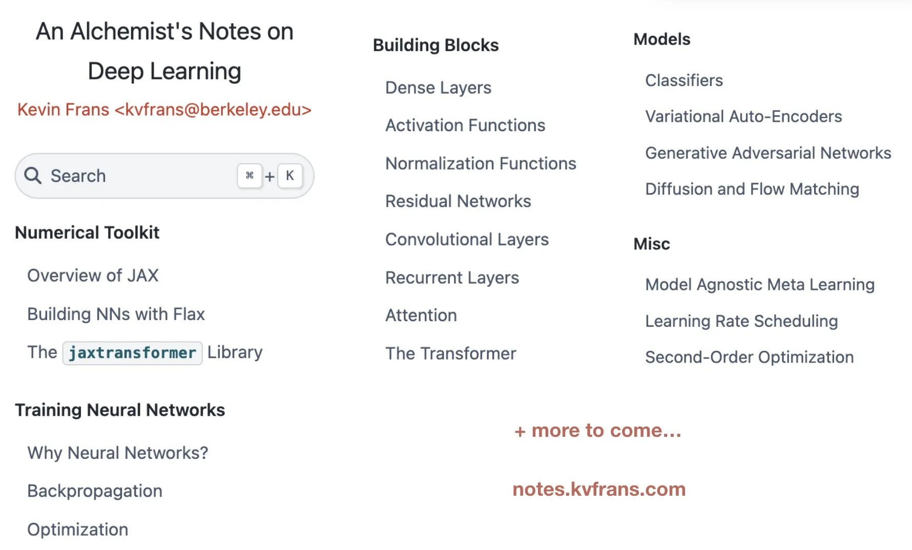 Kevin Frans Releases Deep Learning "Alchemist's Notes," Covering Optimization, Architecture, and Generative Models