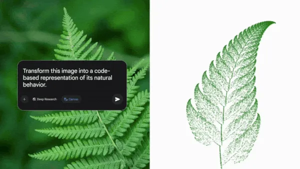 Side-by-side of a fern leaf and its digital code representation, illustrating nature's pattern-to-code transformation.
