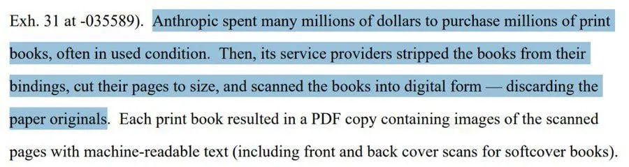 Anthropic purchased millions of physical print books to digitally scan them for Claude