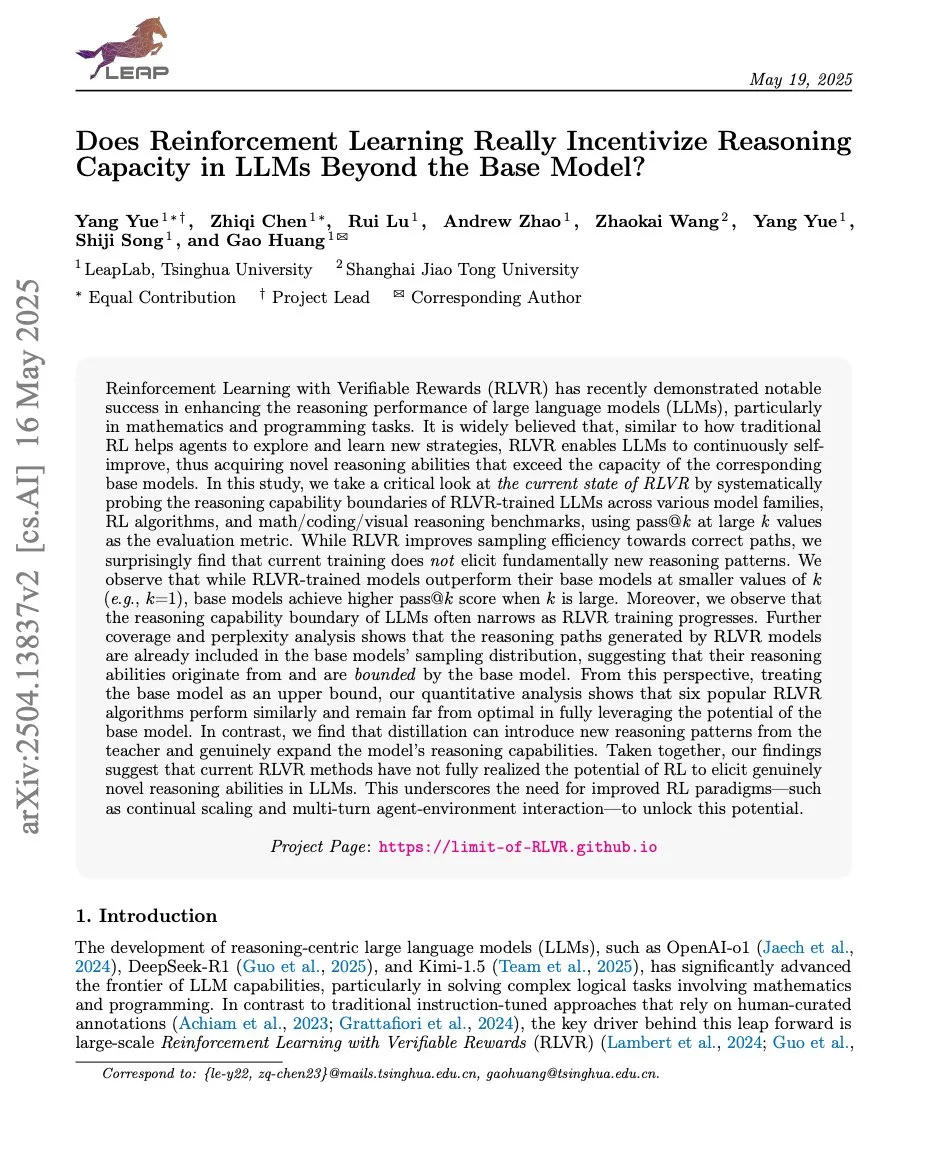 Thoughts on Two Papers: 1. our paper Limit-of-RLVR: Does Reinforcement Learning Really Incentivize Reasoning Capacity in LLMs Beyond the ...