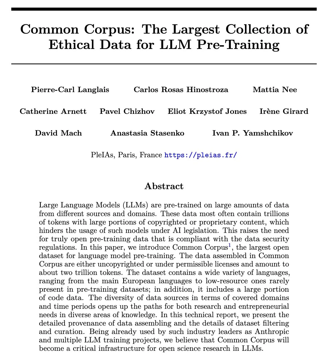 Common Corpus 论文封面