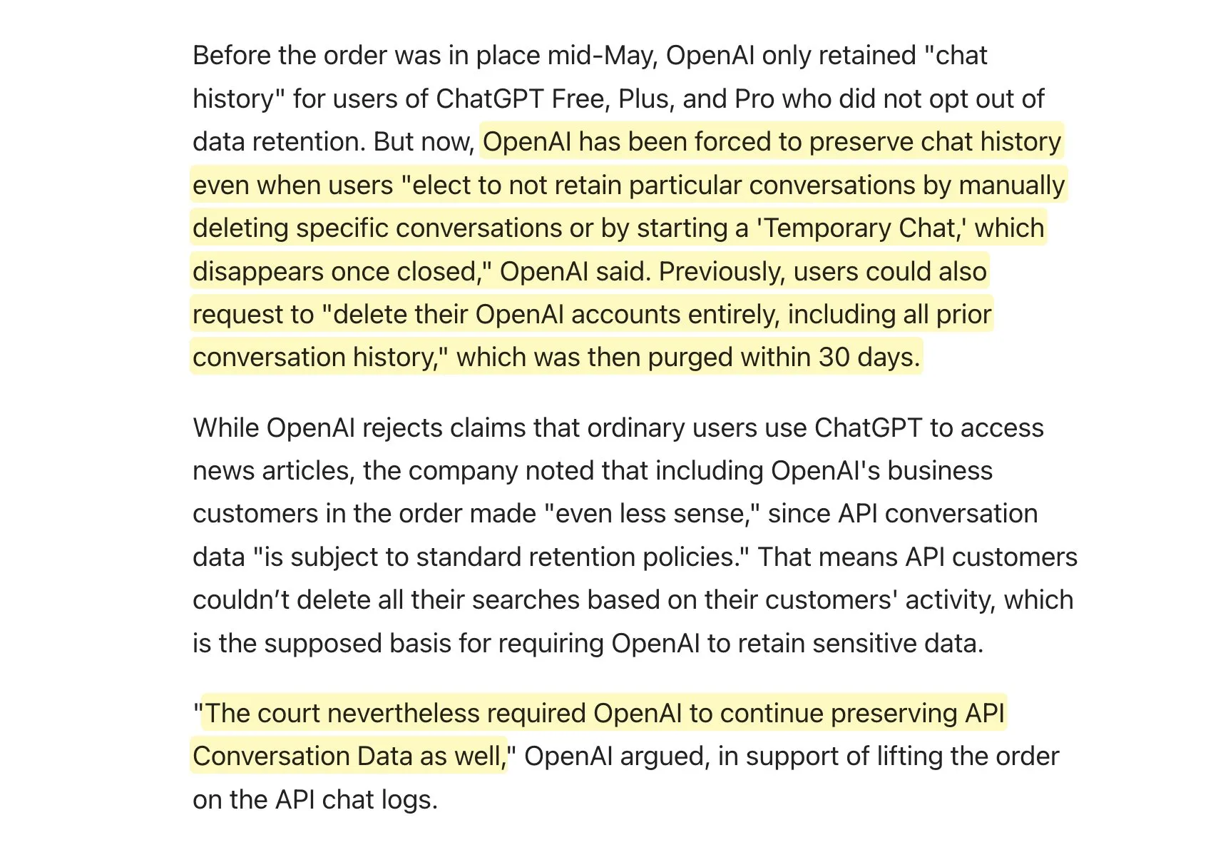 OpenAI, 뉴욕타임스 소송으로 사용자 데이터 영구 보존 명령 받아 개인 정보 보호 우려 야기