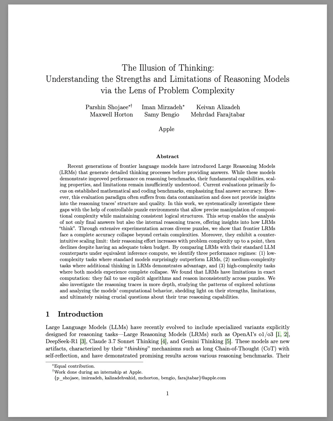 Apple Publishes Research Paper "The Illusion of Thinking," Discussing Limitations of Large Reasoning Models (LRMs)