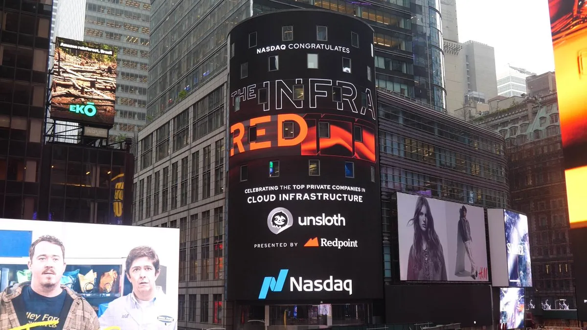 Wow! @UnslothAI on the Nasdaq tower!🦥Thank you @Redpoint for naming Unsloth one of the top 100 most impactful and fastest-growing infra companies in their 2025 report
