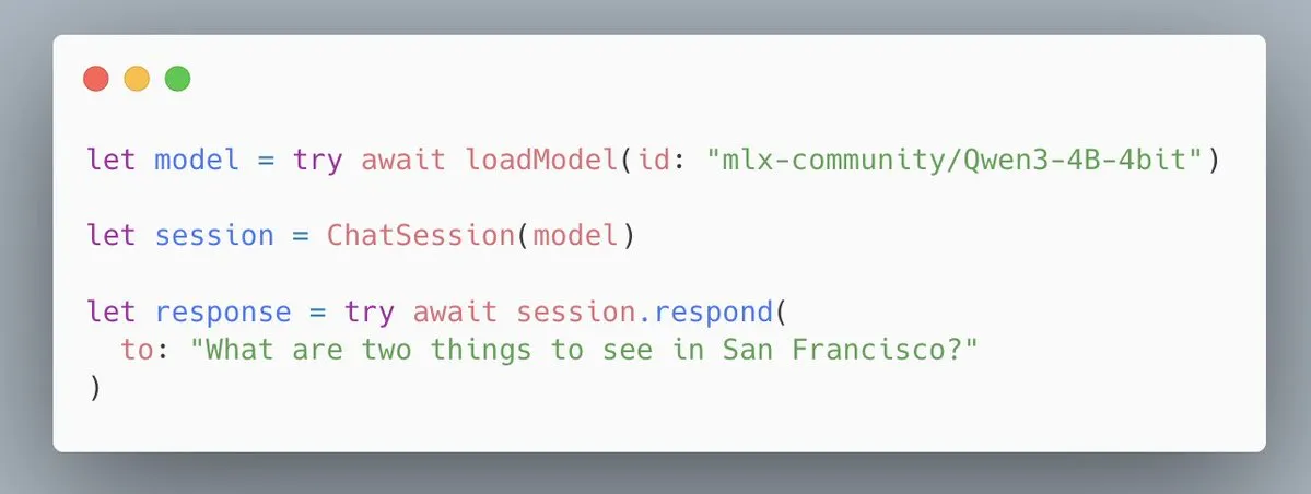 MLX Swift LLM API vereinfacht, Chat-Sitzung mit drei Codezeilen starten