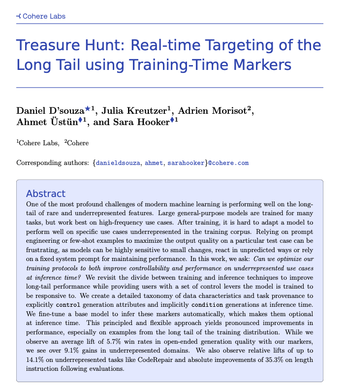 Cohere تقترح تقنية Treasure Hunt، لتحقيق تحديد موقع المهام طويلة الذيل في الوقت الفعلي من خلال وضع العلامات أثناء التدريب