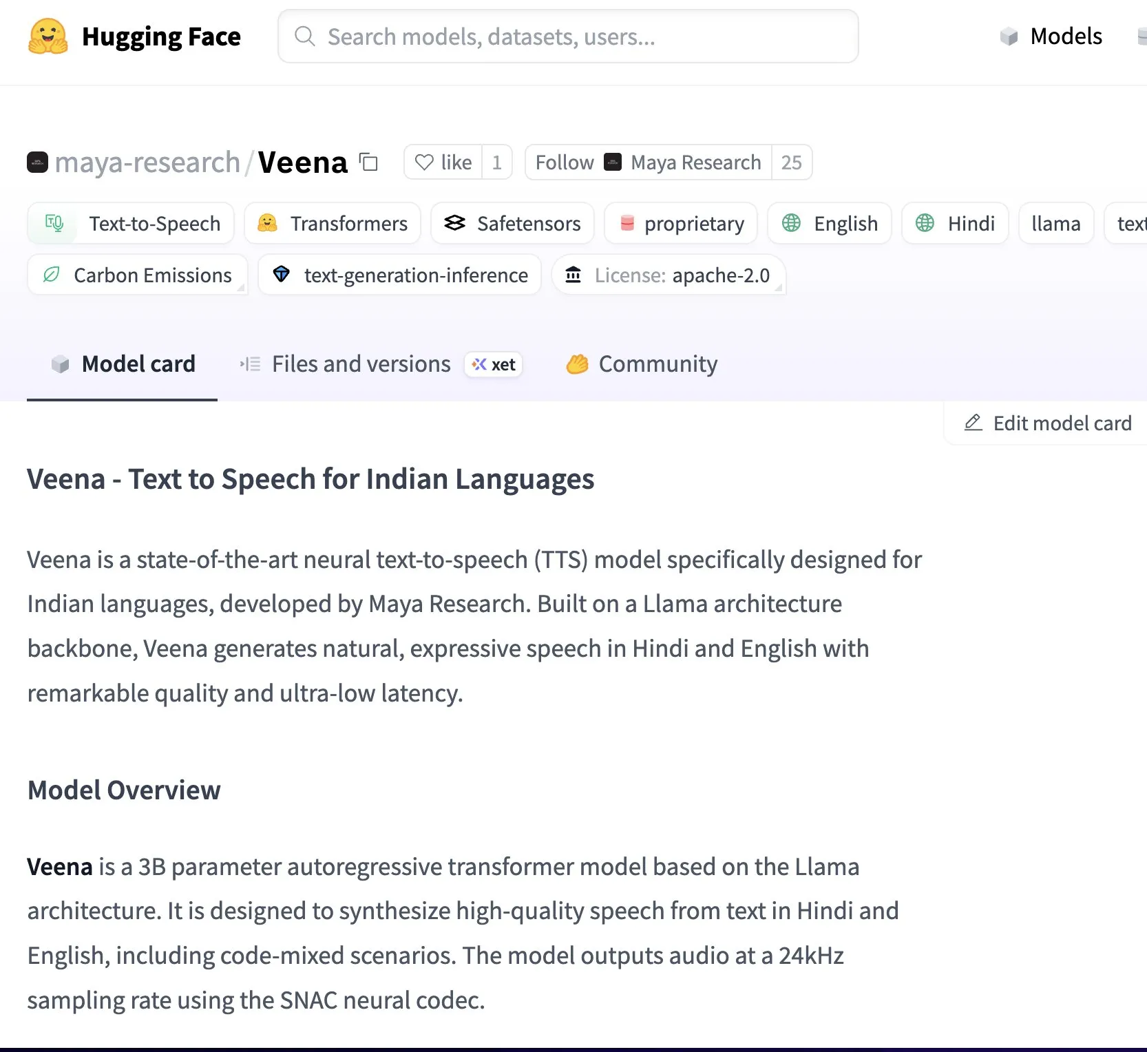 Maya Research Releases Veena TTS Model, Supporting Hindi and English with More Authentic Indian Accents