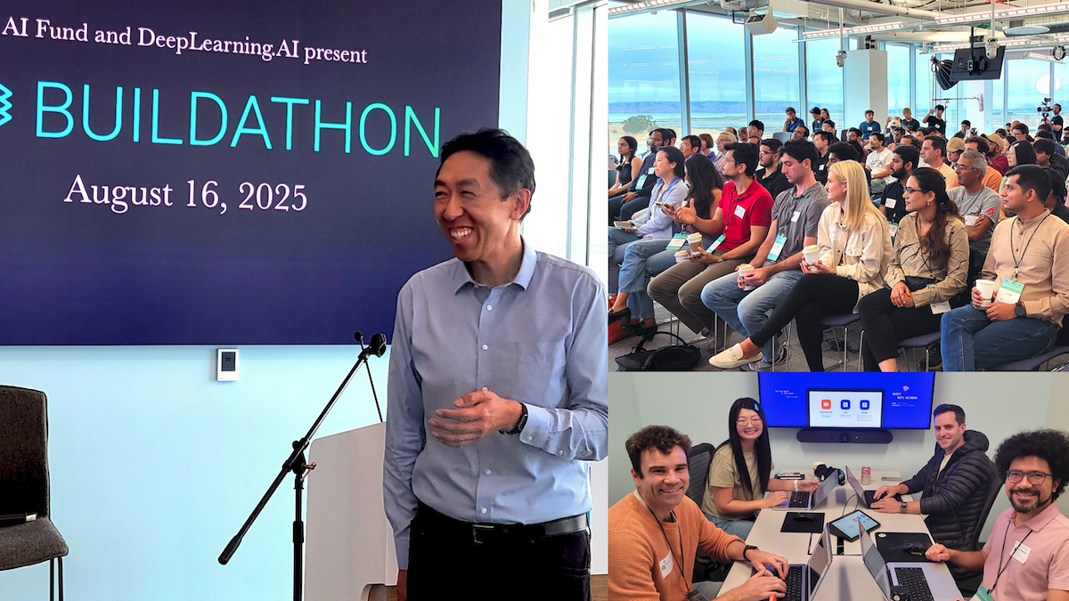Andrew Ng speaks at the August 2025 Buildathon hosted by AI Fund and DeepLearning.AI. A packed audience watches the event, and groups of participants collaborate on laptops.