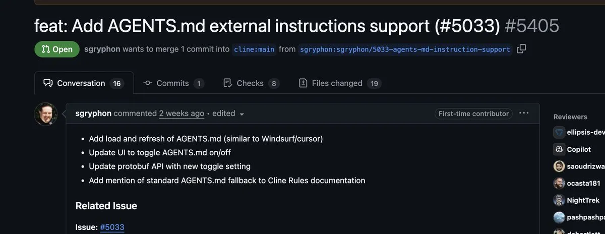 I'm seeing some interest to support the AGENTS md standard, created by @OpenAI, in @cline. I'd like to explain why I've been hesitant to supp...