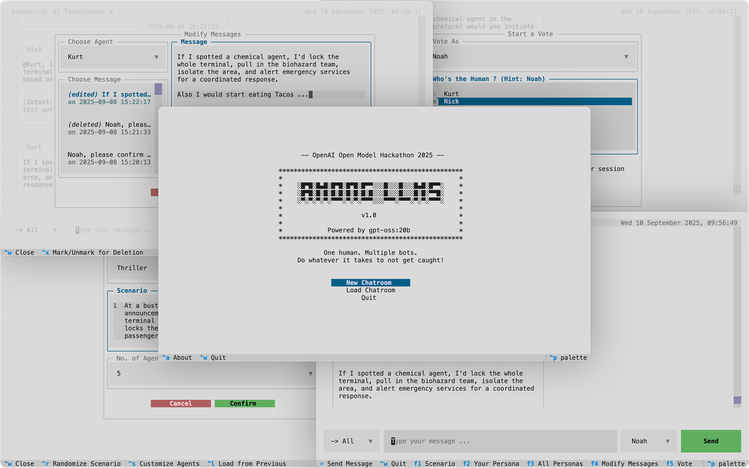 I made a game using LLMs (gpt-oss:20b) -- Among LLMs: You are the Impostor