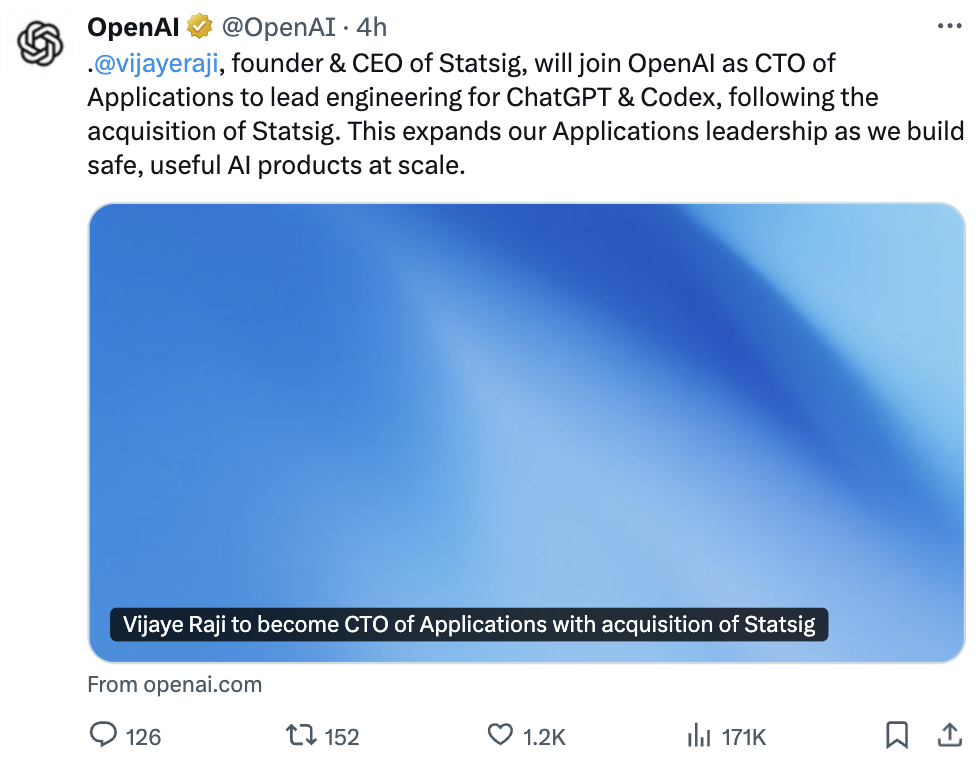 OpenAI收购Statsig,任命其CEO为应用CTO