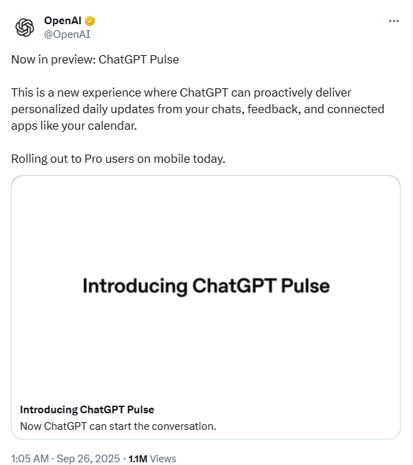 ChatGPT“开窍”了,新Pulse功能上线,你的AI不再坐等指令