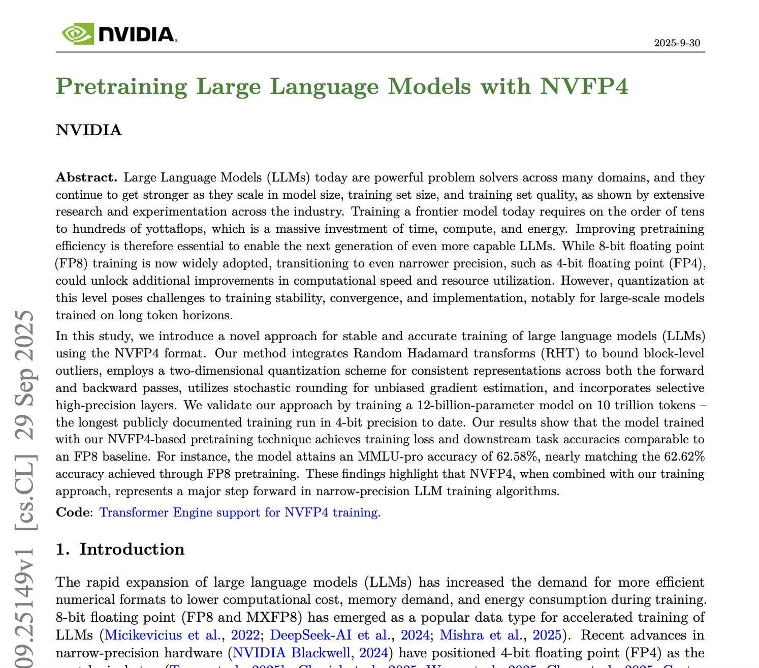 NVIDIA推出NVFP4训练技术,实现4比特预训练与FP8精度匹配