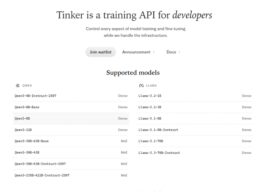 Tinker API:灵活的LLM微调平台
