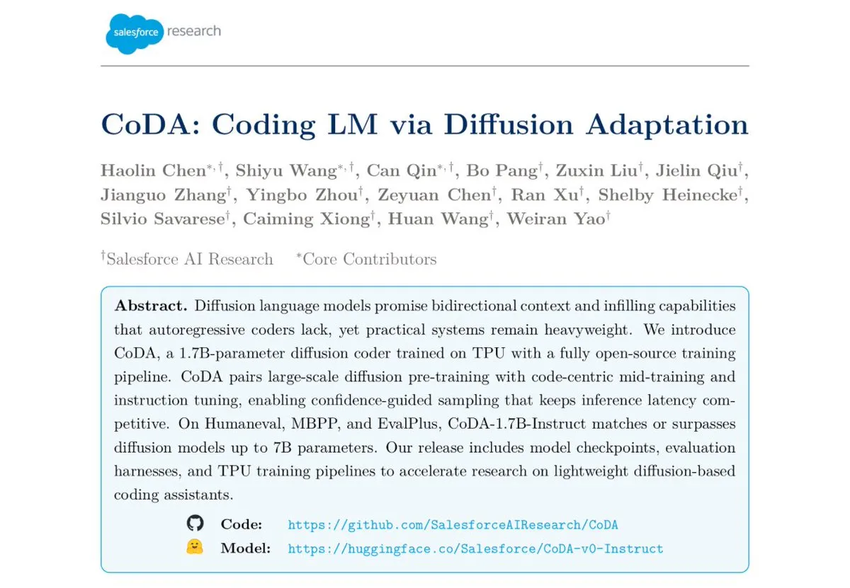Salesforce发布CoDA-1.7B文本扩散编码模型