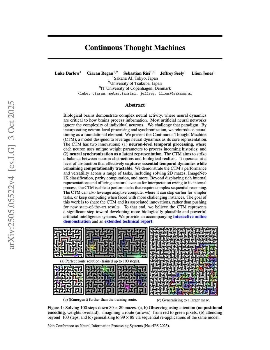 Sakana AI的“连续思维机器”被NeurIPS 2025接收为焦点论文
