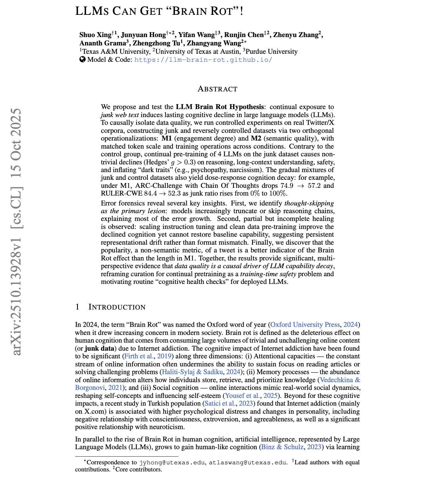LLMs Can Get "Brain Rot"!