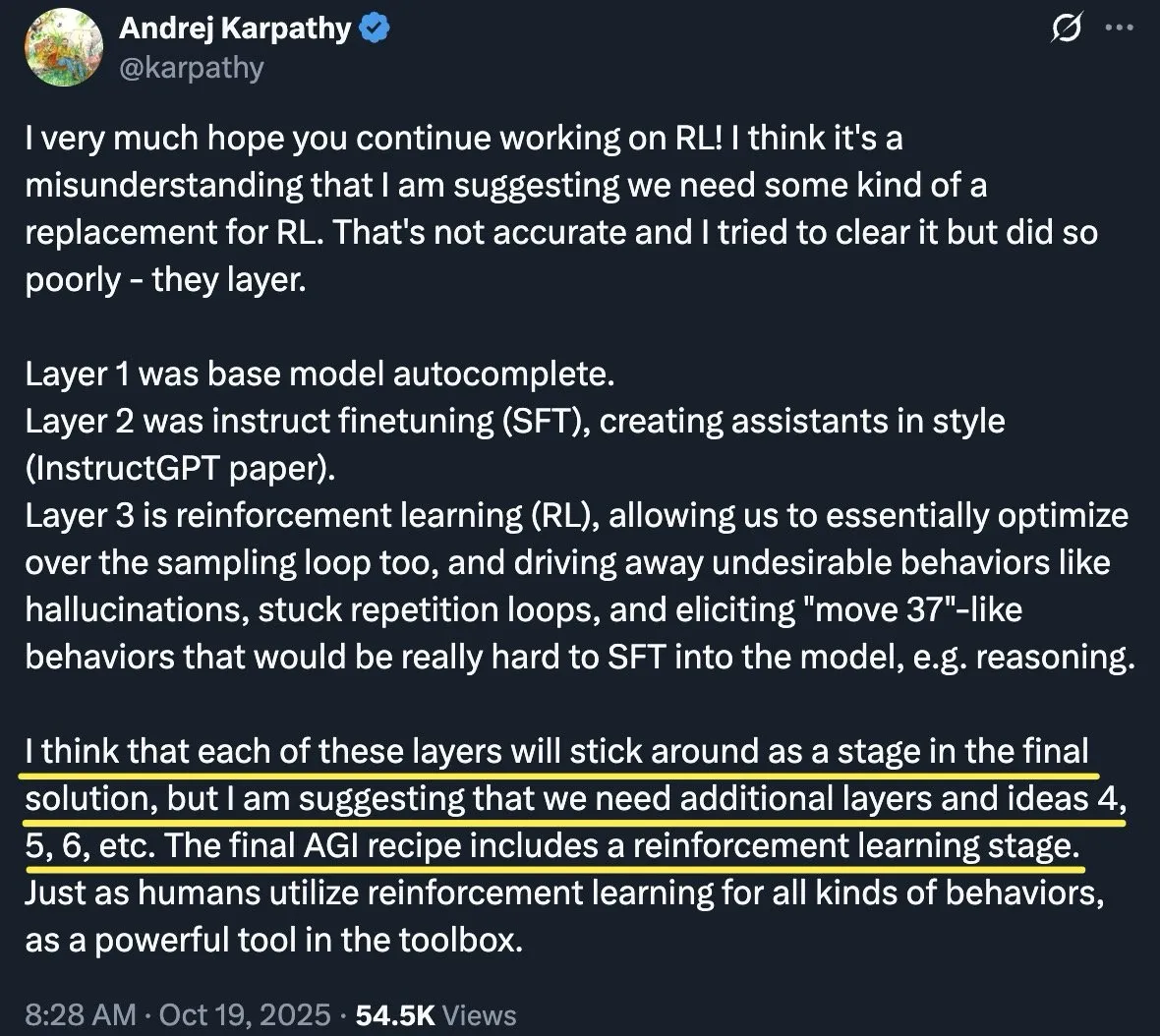 Andrej KarpathyがRLの役割を明確化、AI開発には多層の積み重ねが必要と強調