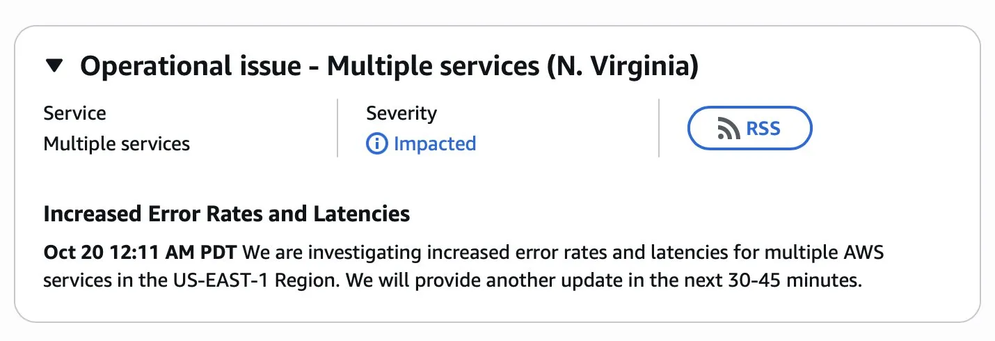 AWS US-East-1リージョンで大規模障害、世界中の複数のAIおよびインターネットサービスに影響
