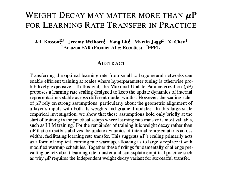 Another interesting paper about how to scale weight decay with muP for AdamW, from a different perspective.