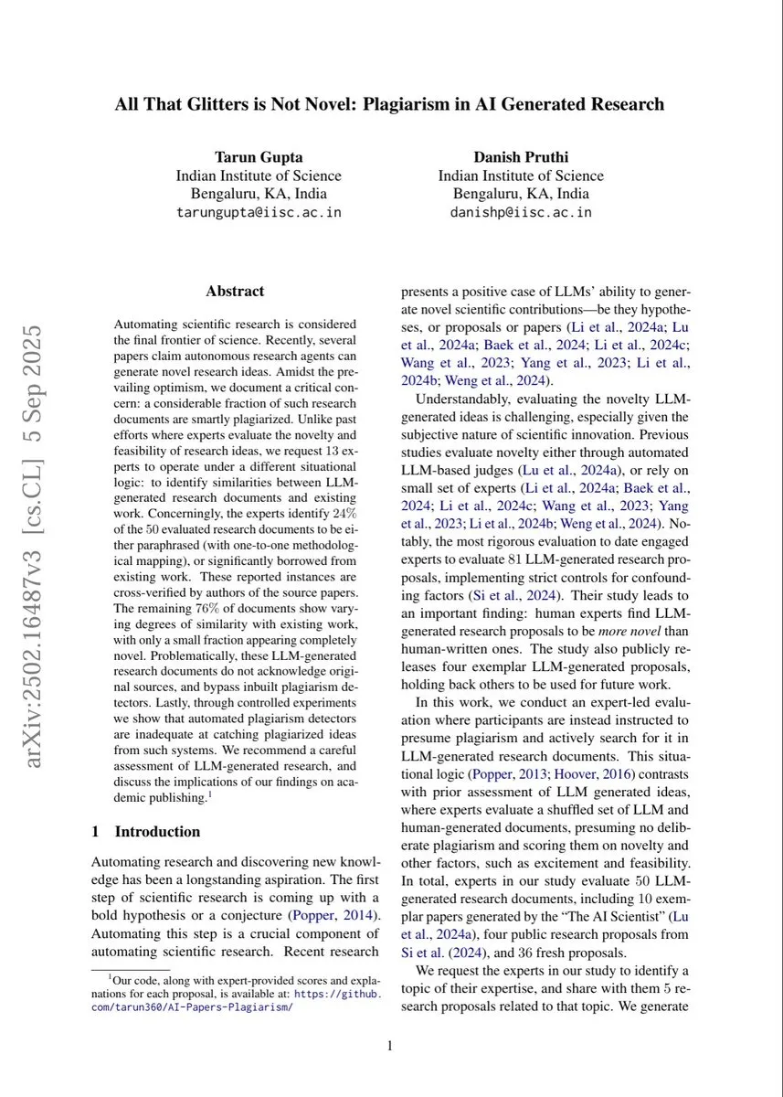 Only 24% of a batch of AI written research papers were found to be plagiarised after deeper analysis