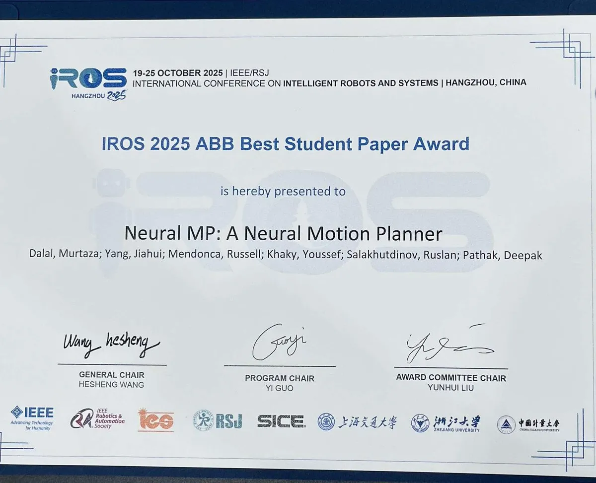 IROS Best Student Paper Awarded to Generalist Neural Motion Planner